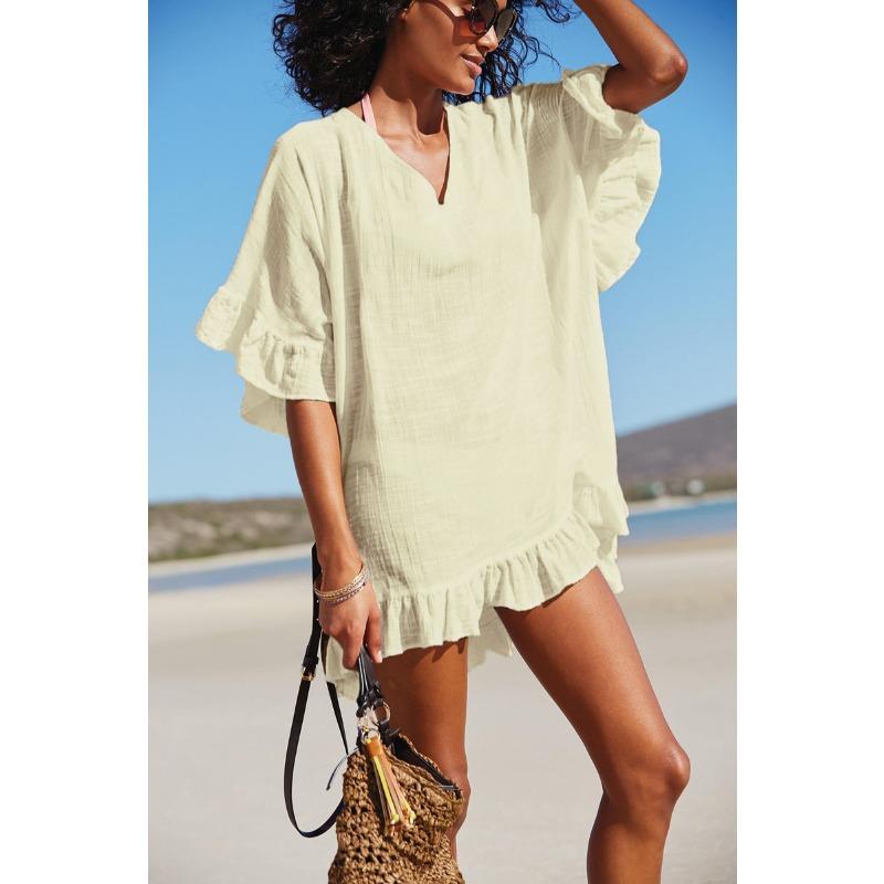 

Пляжная рубашка для отпуска, Рубашка с защитой от солнца, Свободная рубашка-накидка с оборками 2XL абрикосовый