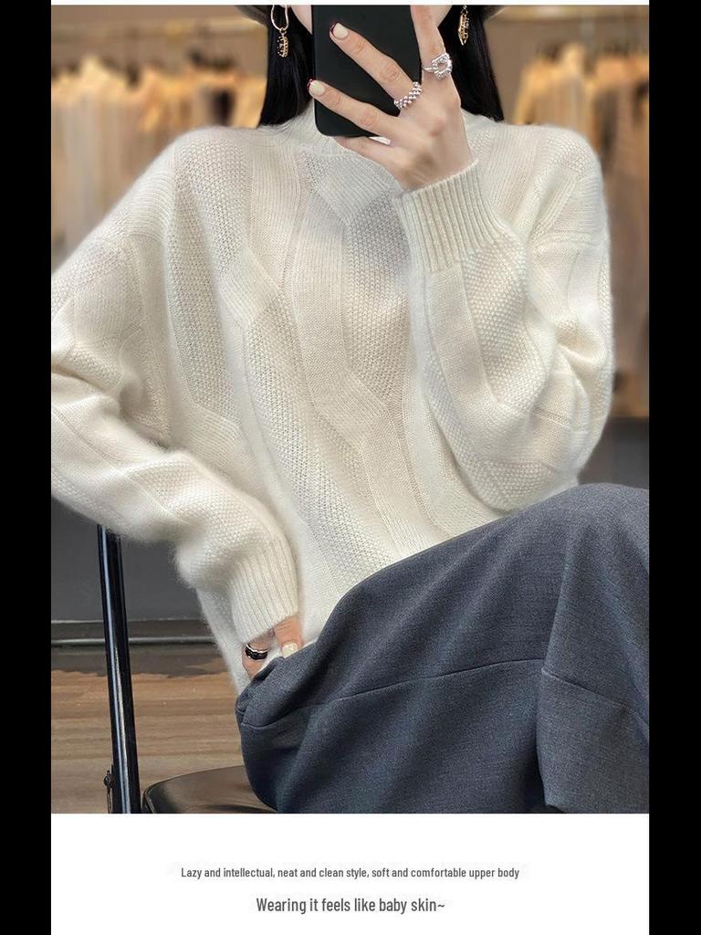 2024 Women's 100% Wool Half-High Collar Twist Sweater - Thick, Solid Color, Loose Fit, Slim Knit