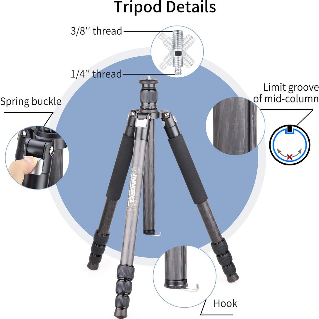 INNOREL RT75C Carbon Tripod 165CM Travel Tripod Professional Grade Nut Lock Elevator Load Capacity 20KG Leg Adjustable Monopod Pipe Diameter 29mm