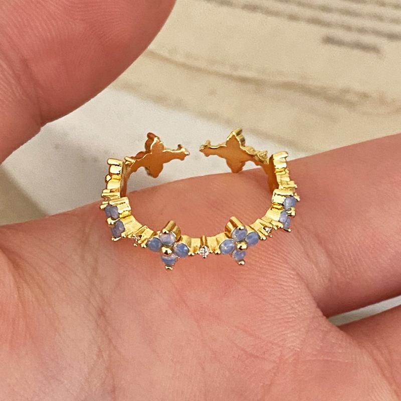 PONYKISS  Sterling Silver Zircon 18K Gold Clover Flower Opening Ring for Women Minimalist Cute Fine  Plant Accessories