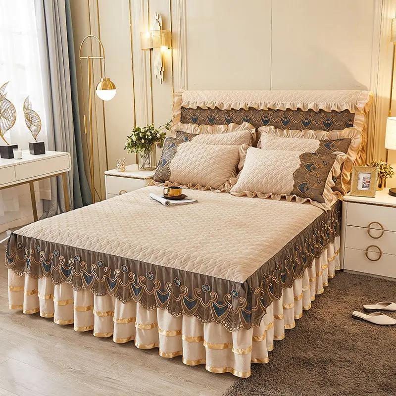 Luxury Winter Crystal Velvet Thicken Quilted Bedspread King Queen Size Flannel Bed Skirt Not Including Pillowcase