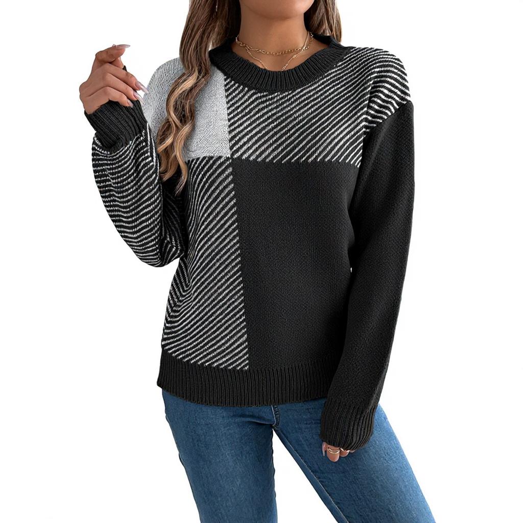 Women's Fashion Casual Contrast Plaid Long Sleeve Pullover Sweater