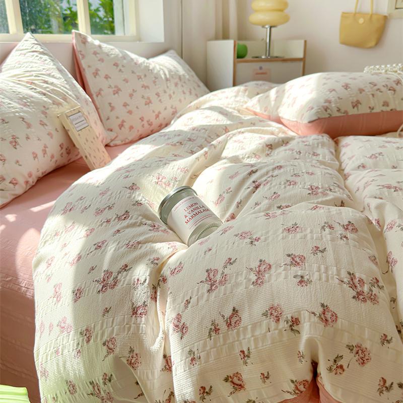 Floral Print French Style Bedding Set Bubble Cotton Duvet Cover Set Washed Cotton Flat Sheet Set Queen For Girl Decor Home