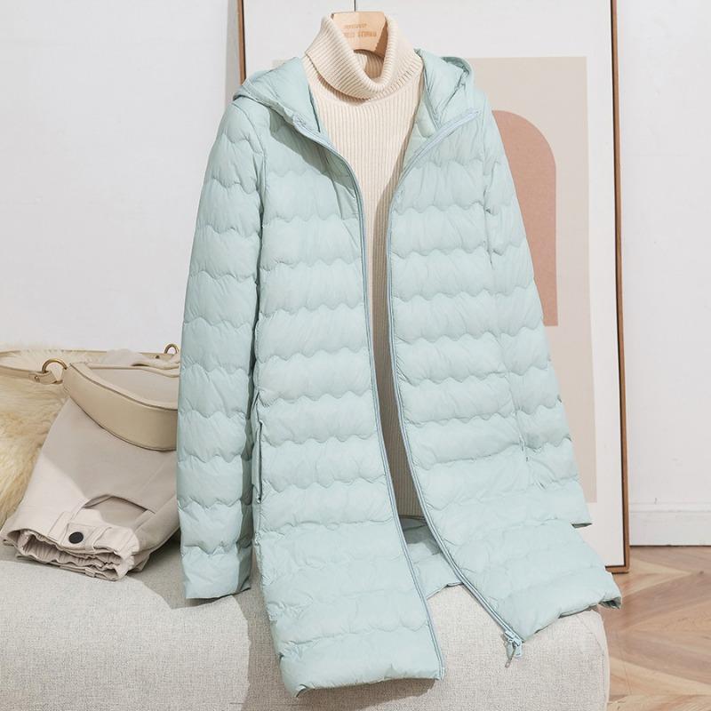 Autumn and Winter New Fashion Hooded Wavy Medium and Long Light Down Jacket Women's Zipper Jacket Warm Tide
