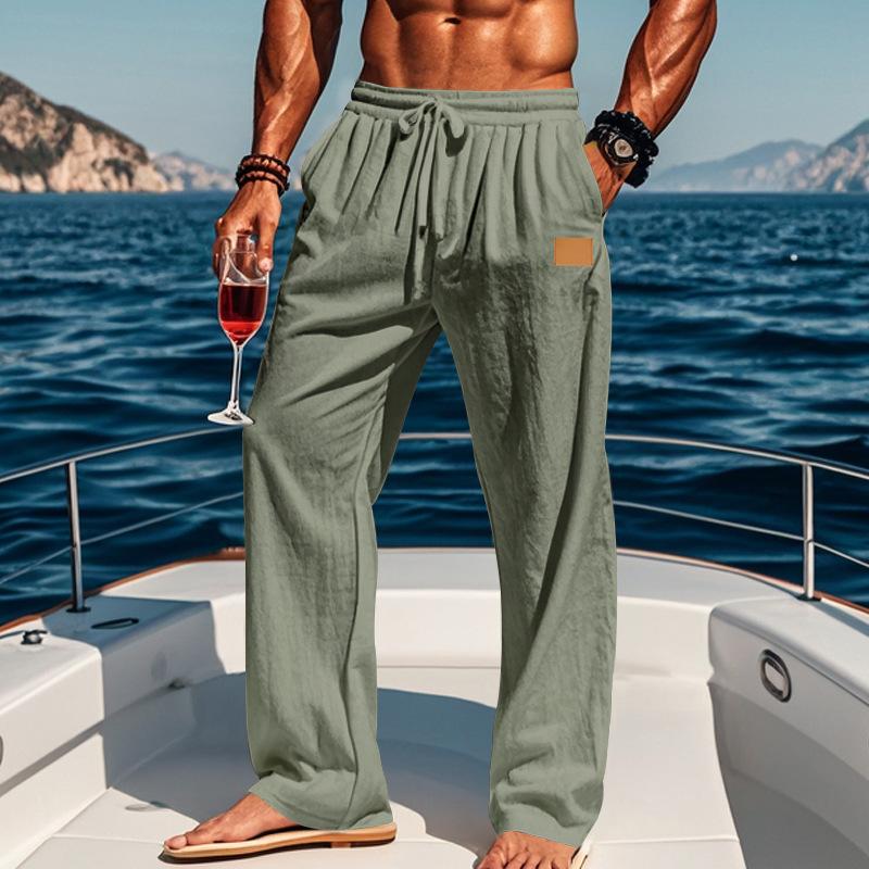

European and American Four-season Thin Beach Casual Lace-up New Men s Cotton and Linen Drawstring Straight Trousers Men XXXL