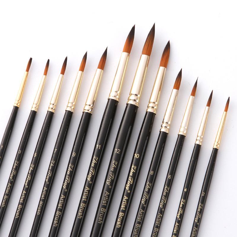 

12pcs Nylon Brush Two tone Hairy Brush, Round Edge Watercolor Brush Art Painting Pen чёрный