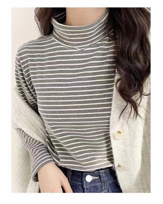 Women's Striped Velvet Mid-Neck Pullover - Autumn/Winter Warm Slim-Fit Long Sleeve Shirt