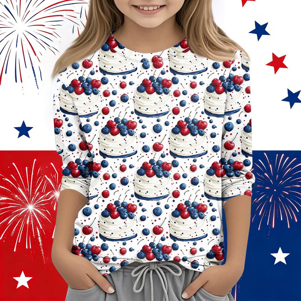 Print Tops For Youth Girls Round Neck 3/4 Sleeves T-Shirts Trendy Tops Outfit Tees Independence Day