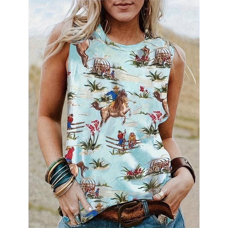 Lady Western-style printed short-sleeved T-shirt, Western style, sleeveless round-neck women's T-shirt