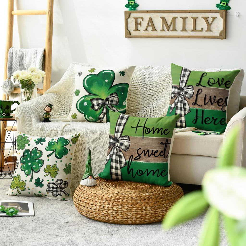 AVOIN colorlife ST Patricks Day Home Sweet Home Clover Throw Pillow Covers, 18 x 18 Inch Love Lives Here Buffalo Plaid Bow Tie Shamrock Decoration