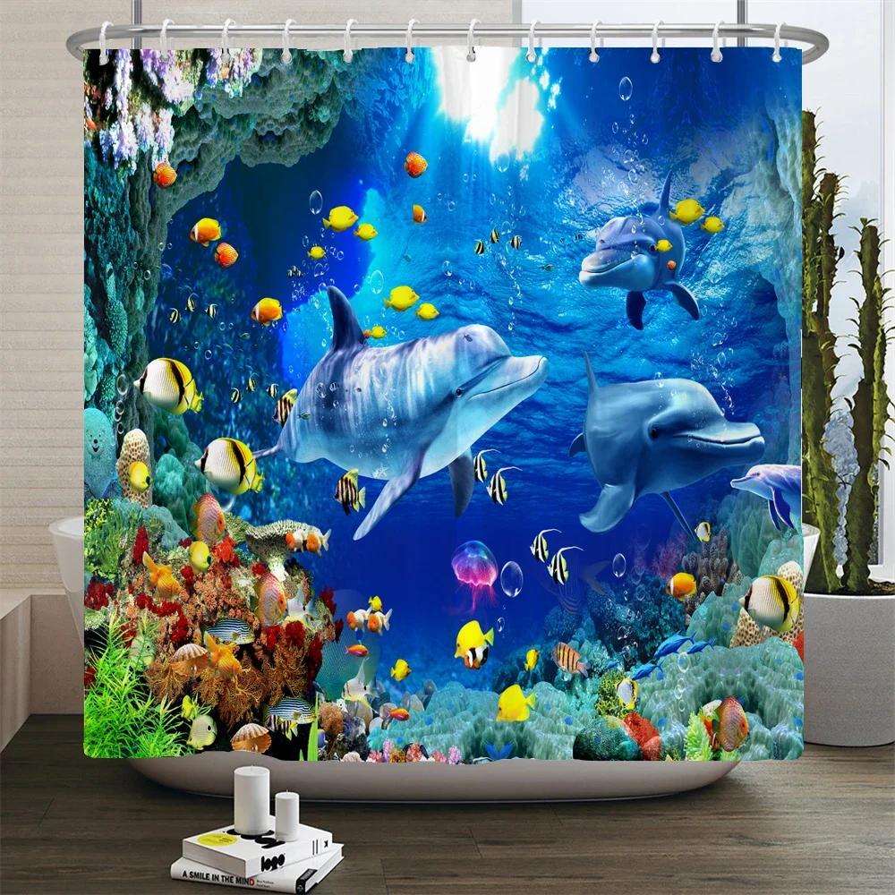 Unterwasserwelt Fisch Schildkröte 3D Duschvorhänge Ozean Delfin Meereslandschaft Stoff Wasserdicht Badvorhang Badezimmerdeko Sichtschutz