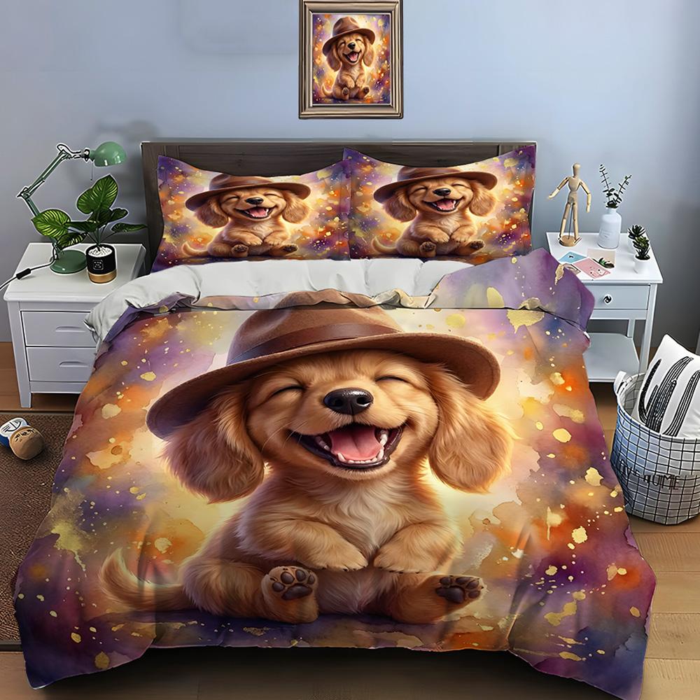 Cute Puppy Wearing a Brown Hat Print Bedding Set 1 Duvet Cover 2 Pillowcases for Adult and Children Luxury Gift Full Size