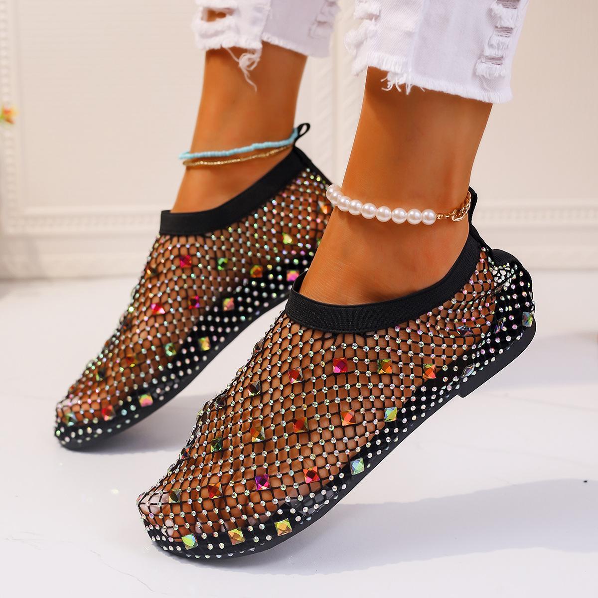 

Large size 24 new flat bottom color diamond elastic sandals women s sexy fishing net socks one foot cool boots 43