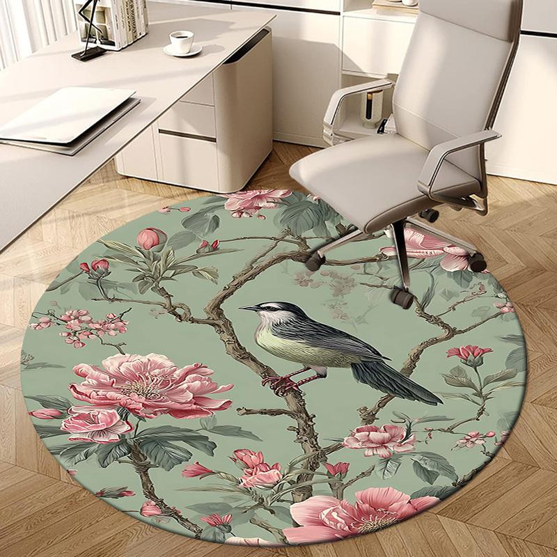 1PC Bird Flower Non-Slip Floor Round Carpet, Office, Family, Bedroom, Large Area Rug Indoor Rugs, Durable Polyester-Z0429