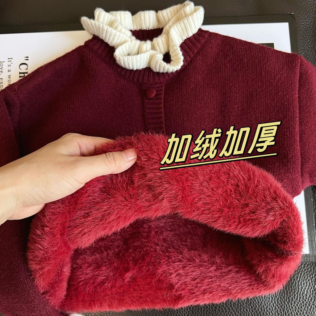Girls Thickened Fleece Knit Sweater Autumn Winter Warm Top With Ruffled Lace Korean New Year Clothing