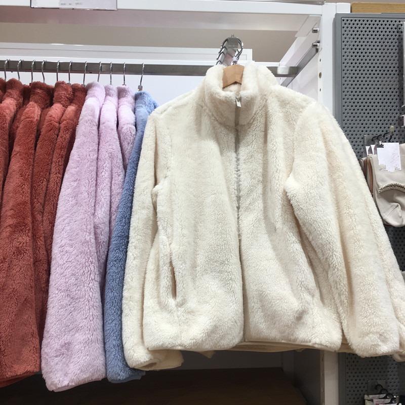 Autumn Winter Long Fleece Coral Fleece Cardigan Stand Collar Polar Fleece Jacket Warm Plush Coat Women