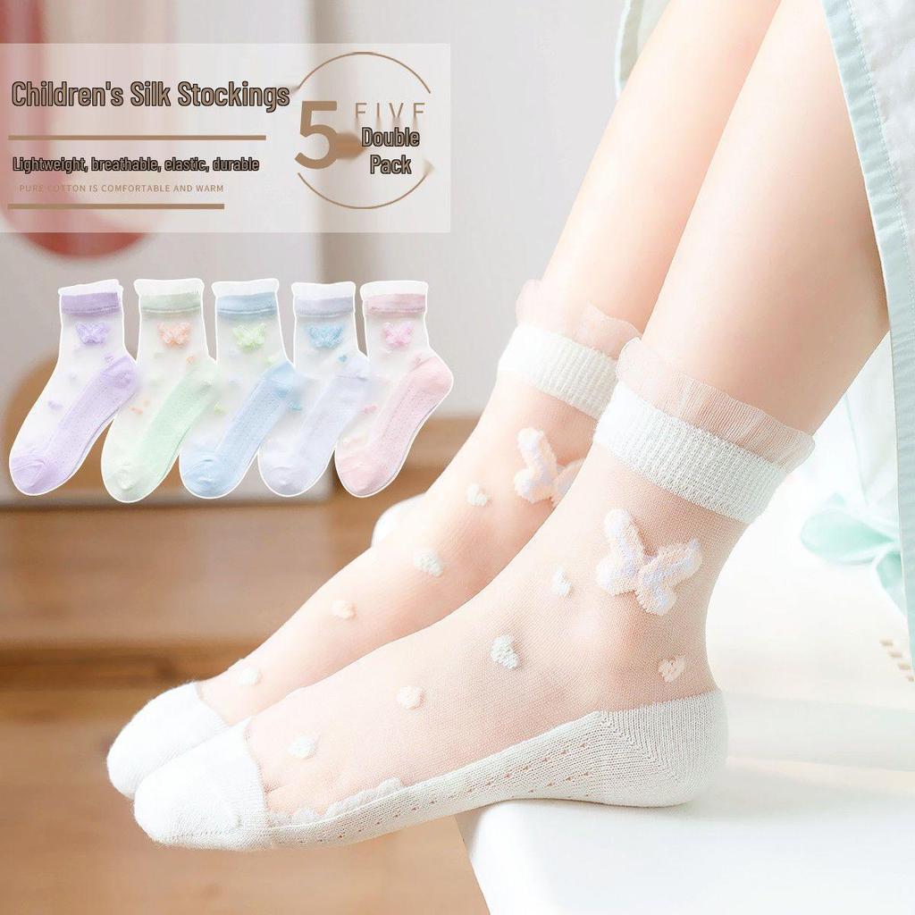 5 Pairs of Breathable Mesh Mid-Calf Lace Socks for Baby Girls - Perfect for Spring/Autumn