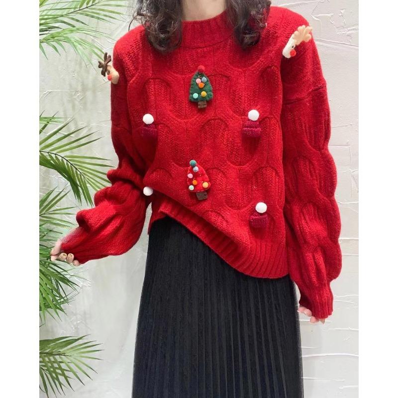 Christmas Red Pullover Embroidered Pink Sweater Solid Color