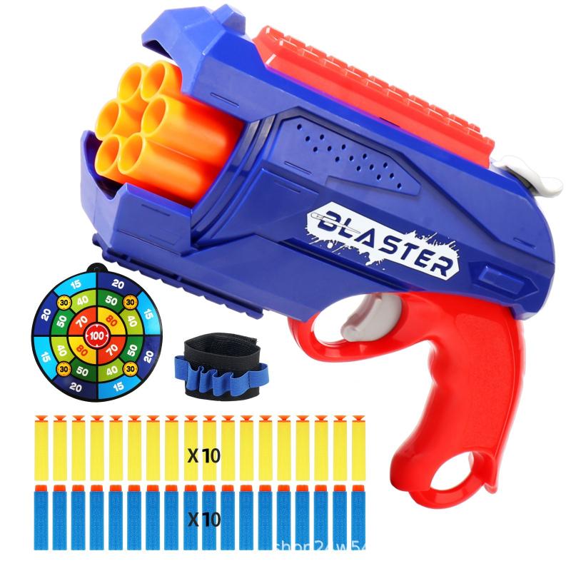 Children 6-Shot Soft Bullet Gun with 20 Bullets Target Wristband Manual Toy Gun Indoor Outdoor Shooting Games Kids Gifts