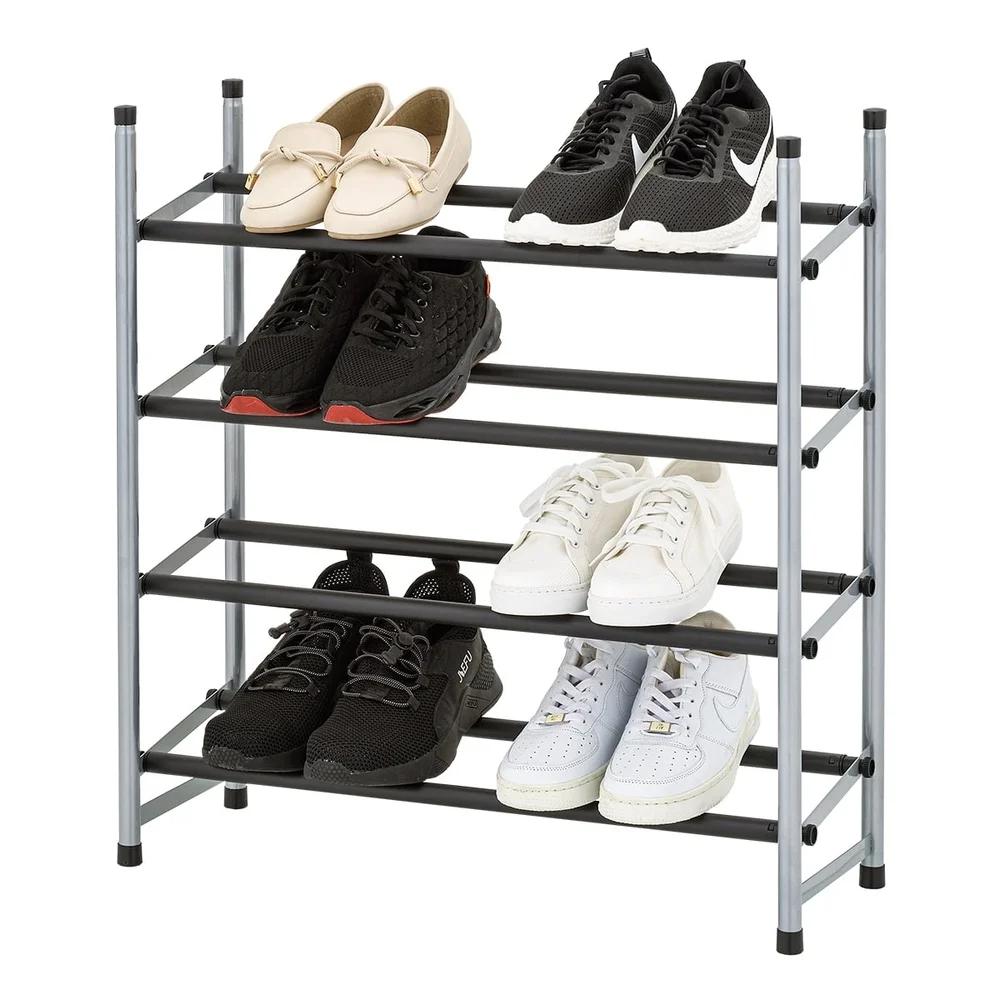 Adjustable 4-Tier Shoe Storage Rack Stackable Organizer Holds Up to 20 Pairs Non-Slip Black Rod Indoor Use Accessory