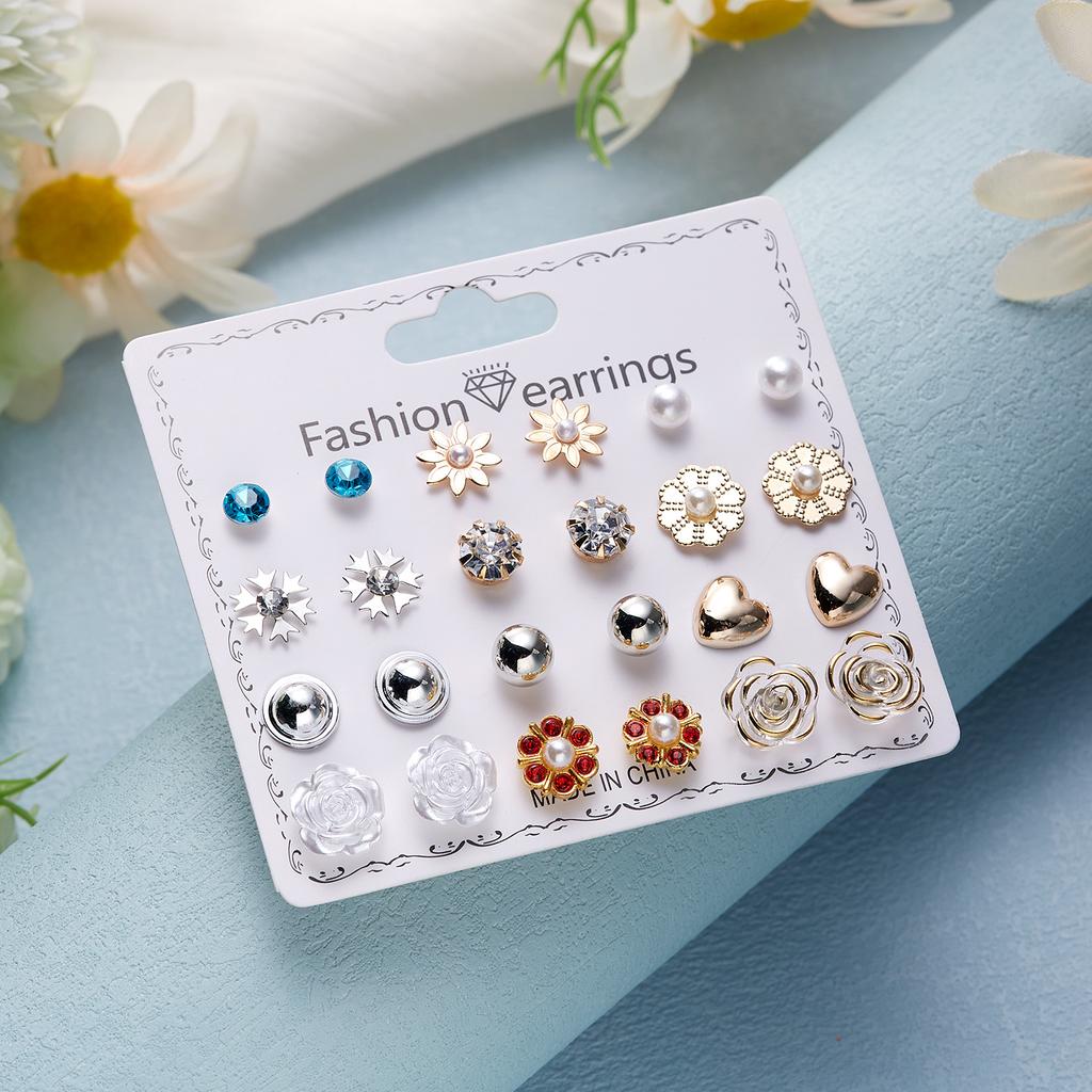 12 Pairs/Set Flower Heart Earrings Set for Women Geometric Rhinestone Simulated Pearl Piercing Ball Earring Jewelry Accessories