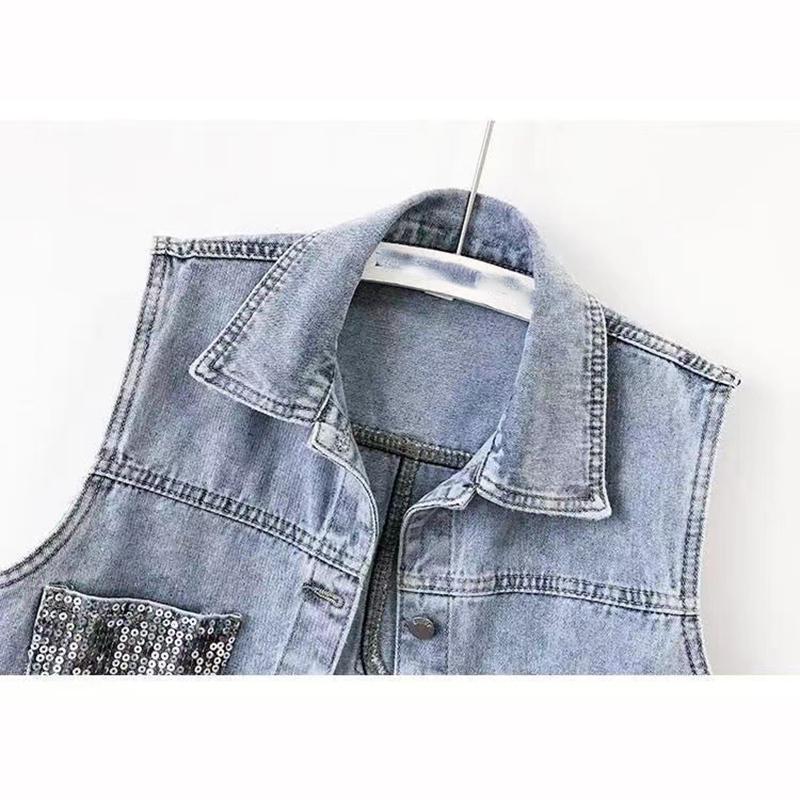 Fashion Design Sequins Summer Autumn Women's Waistcoat Korean Leeveless Denim Jeans Jacket Vest