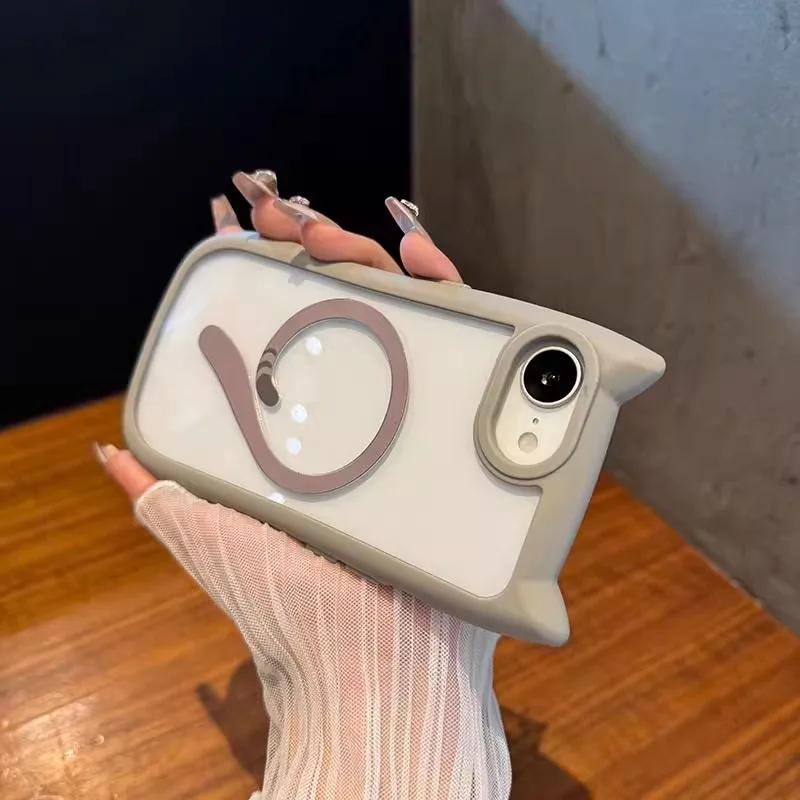 For iPhone 16e Cat Ear Magsafe Case iPhone 16 13 14 15 11 12 Pro Max 15 16 Plus Transparent PC TPU Armor Wireless Charging Cover