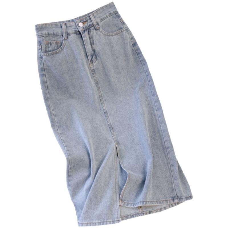 2024 Summer High-Waist Retro Denim Midi Skirt with Slit