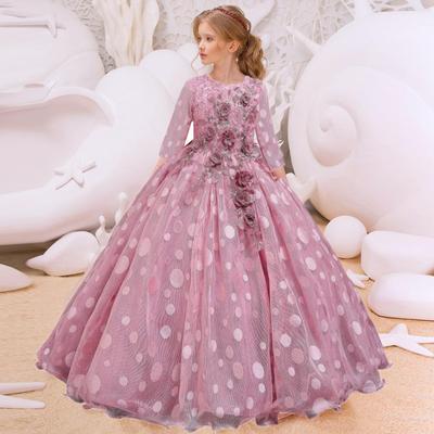Sukienka dziecięca z długim rękawem Polka Dot Girl's Dress Dekoracja kwiatowa Brytyjska księżniczka Wind Dress