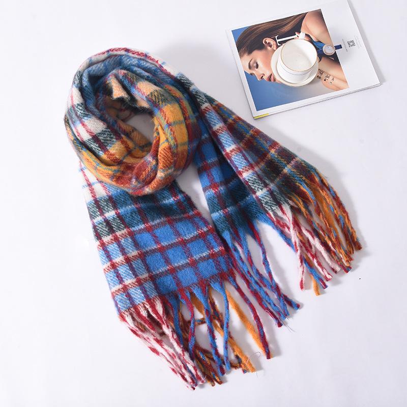 New autumn and winter rainbow plaid scarf women's winter high-end mohair fringed shawl scarf imitation cashmere scarf
