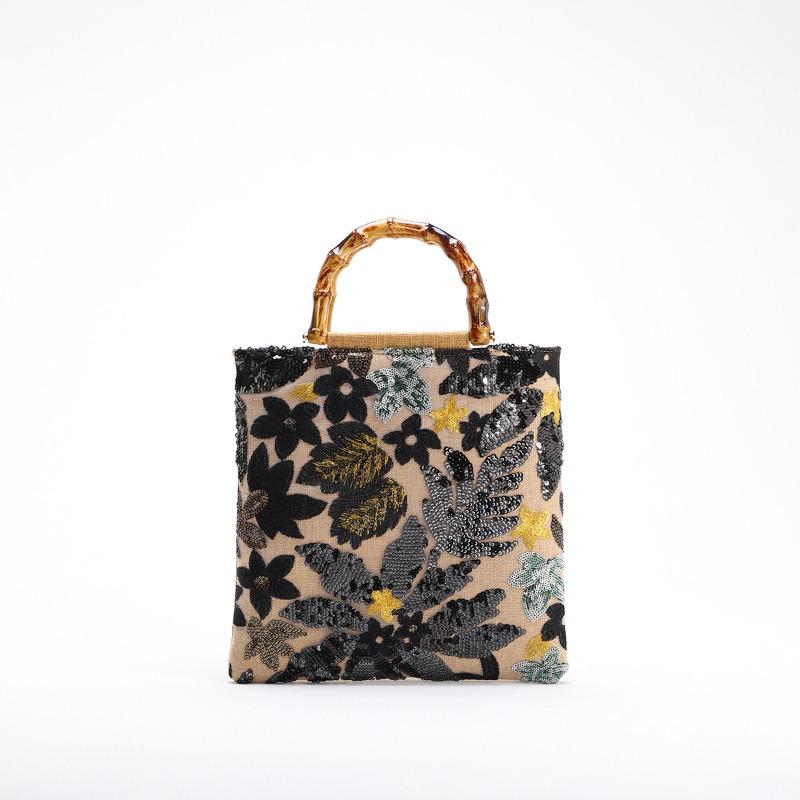 Bamboo Tote Bag Premium Color Sequins Retro Women's Hand Carry Heavy Industry Embroidery Tide Dinner Bag