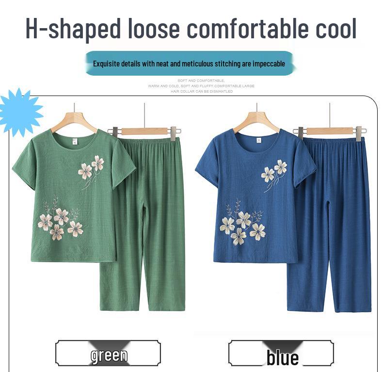 Omas Sommer Baumwollleinen Zweiteiler Kurzarm Outfit für ältere Frauen