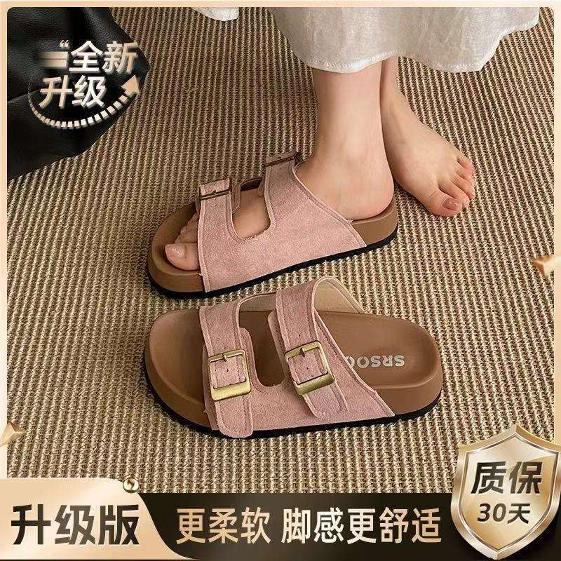 Retro thick-soled heightening one-word slippers women's summer 2025 new wear simple non-slip soft-soled Birkencool slippers