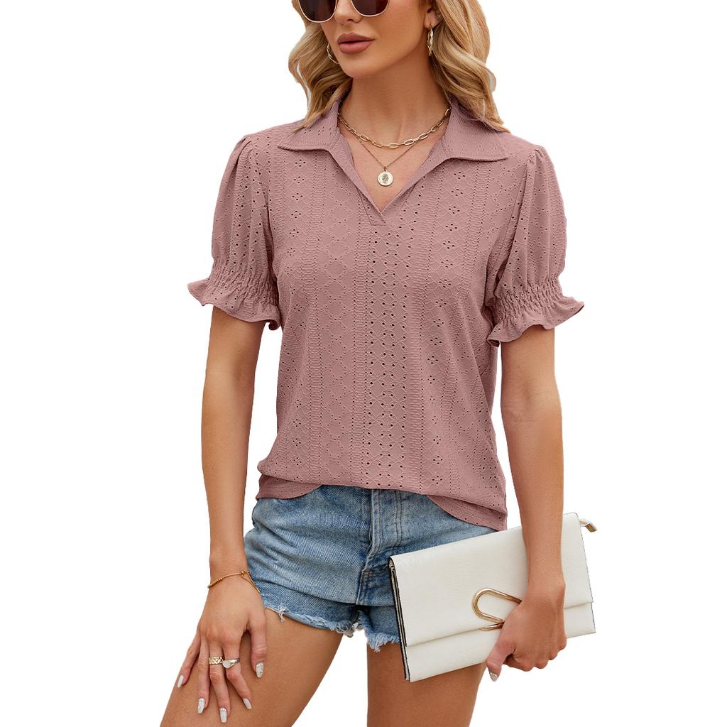 GMXIA Women's Fashion Casual Summer Solid Color Print Short Sleeve Tuck Lapel Loose Blouses & Shirts