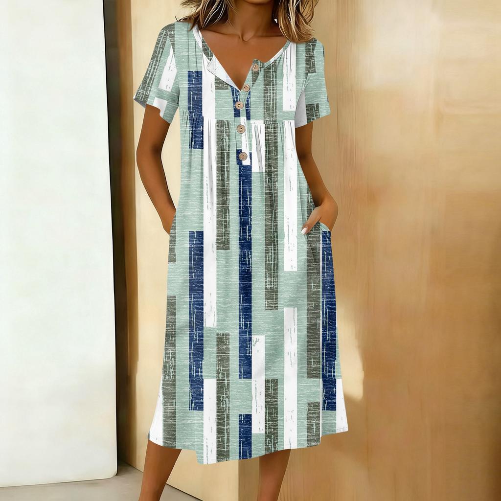 Modna damska sukienka retro z nadrukiem, okrągłym dekoltem, krótkim rękawem, zapięciem na guziki, o średniej długości, codzienna