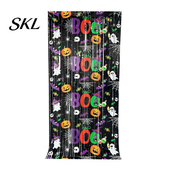 Halloween Room Decoration Foil Fringe Curtain for Halloween, Orange Purple Black Background Event Photo Booth Props, Pumpkin Ghost Bat Party