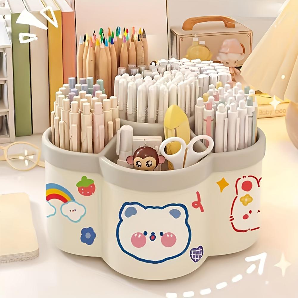Cartoon 360-degree Rotating Pen Holder with 6 Slots Pen Storage Box Desktop Stationery Organizer for Desk Office School Home Use