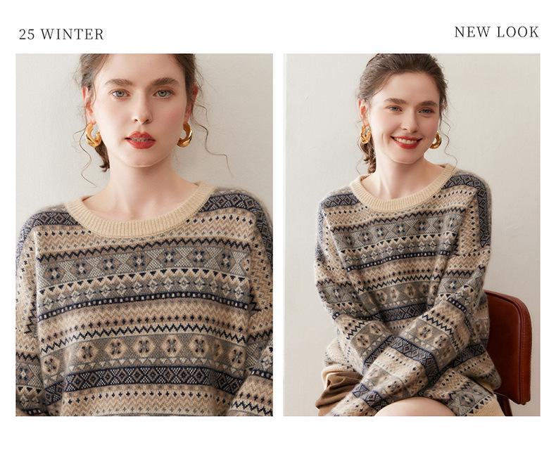 Women's Color Block Cashmere Knit Sweater - 2025 Winter Collection, Fair Isle Jacquard, Round Neck, Gentle Style.