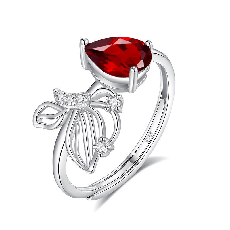 S925 Sterling Silver Butterfly Crystal Open Ring, Adjustable Natural Stone Band, Elegant Dainty Jewelry for Women, Daily Wear & Gift