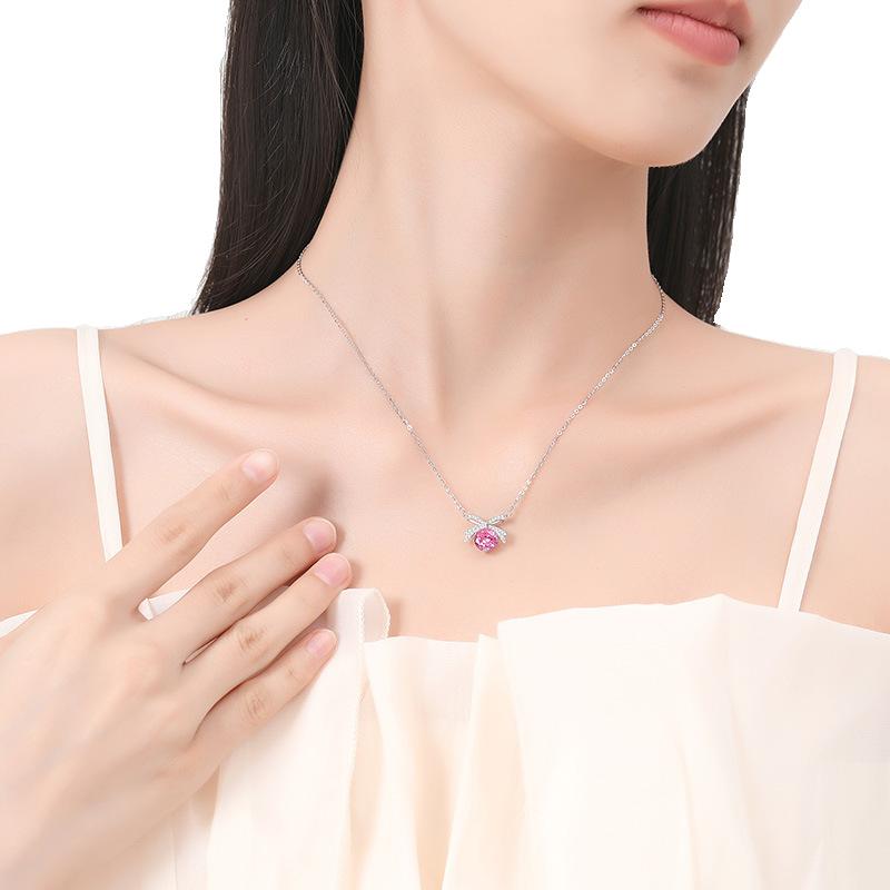 Bow Necklace Women'S Light Luxury Niche Design Butterfly Dream Collarbone Chain Pink Zircon Princess Knot Neck Chain Quality