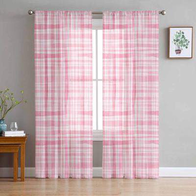 Cortinas de ventana de tul rosa a cuadros de acuarela para dormitorio, cortinas de decoración del hogar de lujo en paneles de gasa para sala de estar
