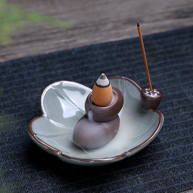 Lotus Ceramic Backflow Incense Burner & Holder - Ge Kiln Zisha Ornament