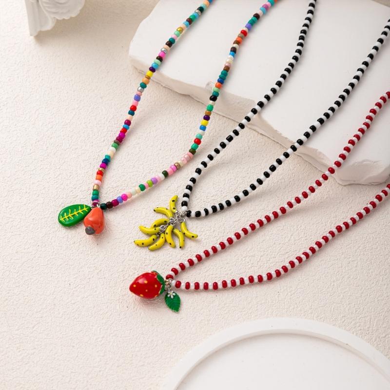 Lively Colorful Bead Necklace With Banana Strawberry Orange Fruit Charm Dopamine Inspired For Women Fashion Accessory