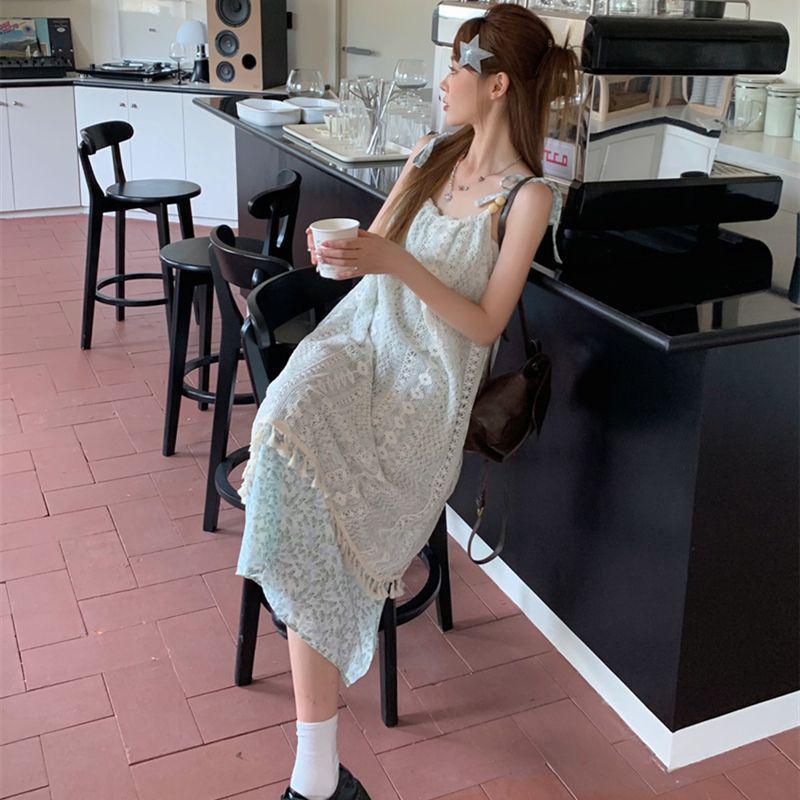 

Sweet Retro Floral Lace Tassel Slip Dress for Beach Vacation S (Recommended up to 40kg) світло-синій колір