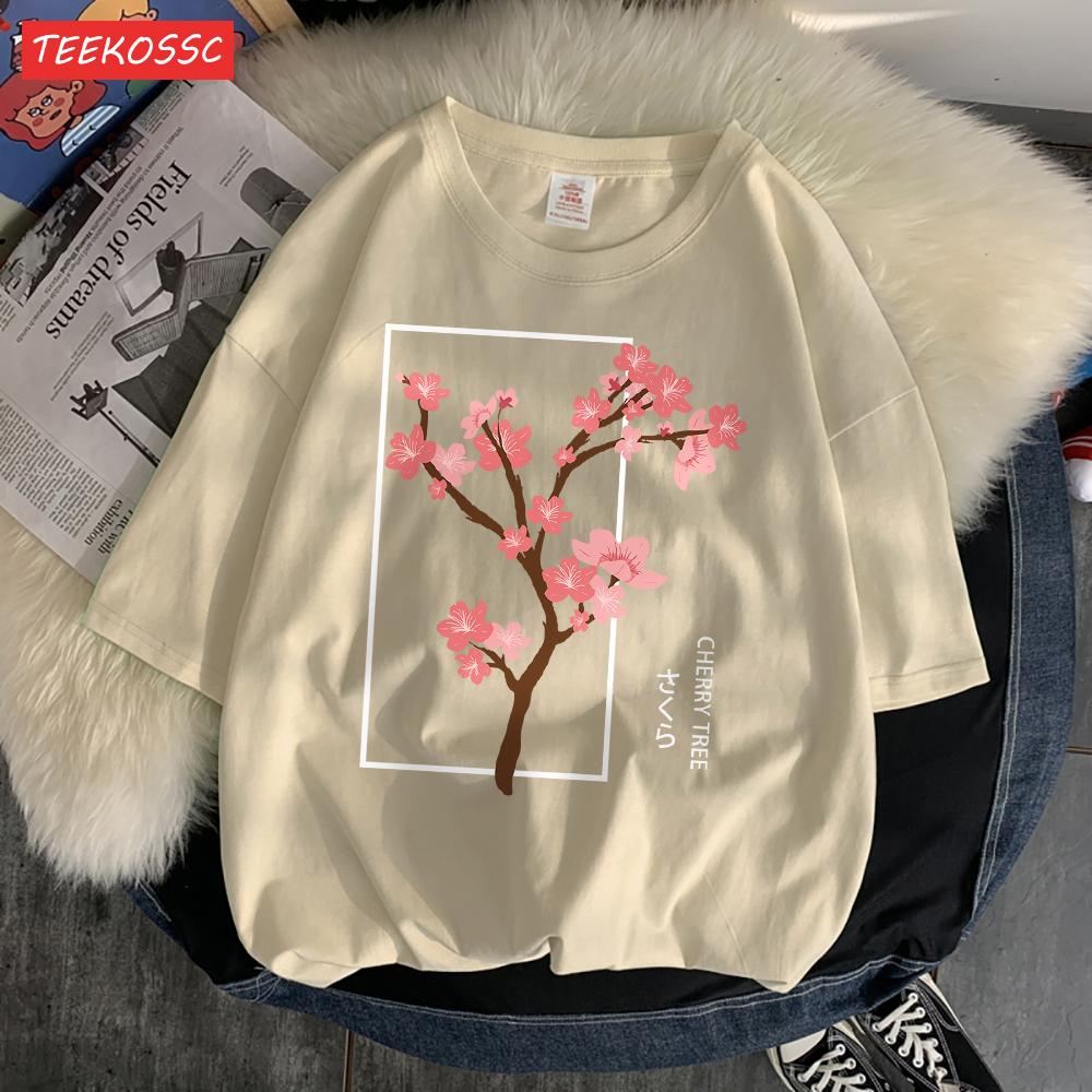 Cherry Tree In Full Bloom T-Shirt Men'S Shoulder Drop Retro T Shirts Fashion Originality Tshirt Normcore Loose Short Sleeved