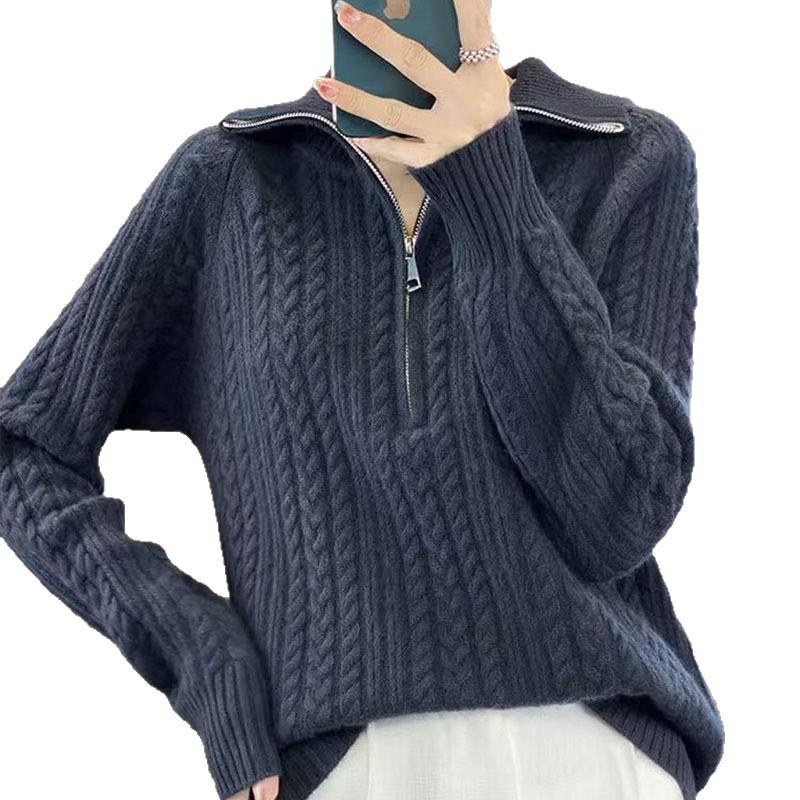 Women's High Neck Zipper Wool Pullover Sweater - Autumn Winter Loose Fit Base Layer
