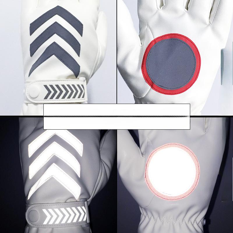 Autumn and Winter Traffic Warm PU Plus Fleece Duty Gloves White Leather Reflective Security Guard Night Patrol Sports Command Riding
