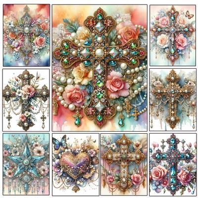 5DDIY Diamond Painting Colorful Cross Butterfly Jewelry Cross Embroidery Set  with Diamond Embroidery Flower Home Decoration