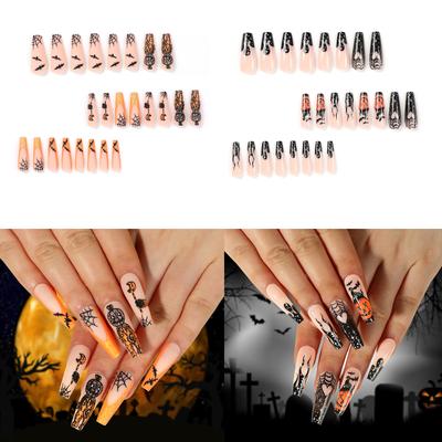 Unhas Postiças Caixão com Caveira Unhas Falsas Francesas Dicas Unhas Artificiais com Adesivos de Gelatina para Mulheres