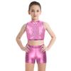 Kids Girls Two-Piece Dance Set Sequined Sleeveless Crop Top Metallic Bottoms Performance Outfit